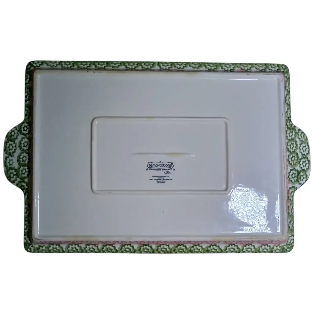Temptations by Tara Ovenware Old World Green Large Platter Tray 16x10 Floral #10
